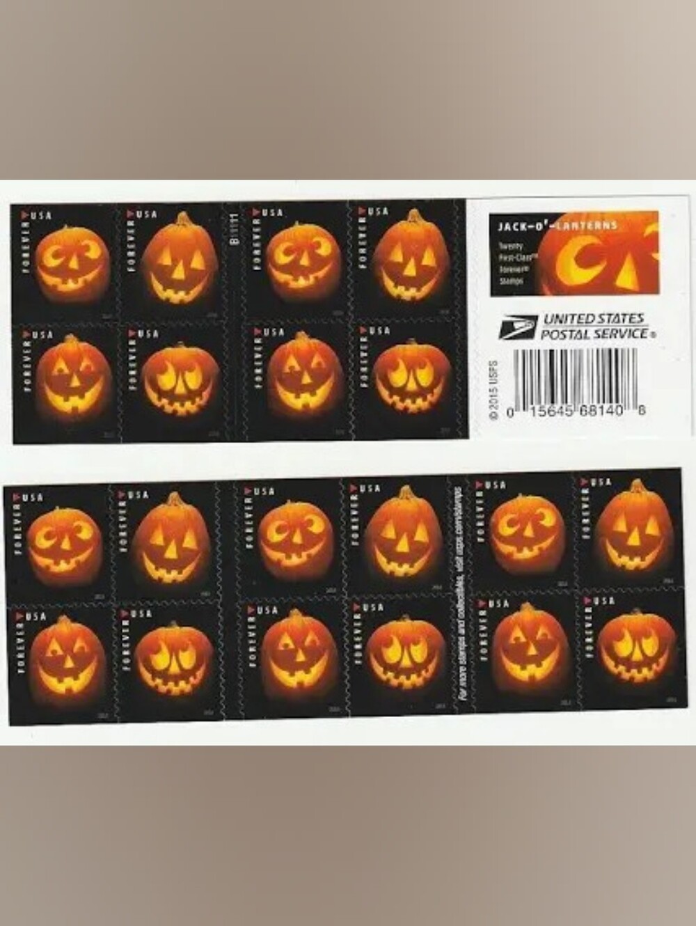 100 Jack O' Lantern Pumpkin 2016 Forever Postage Stamps USPS Halloween Skeleton